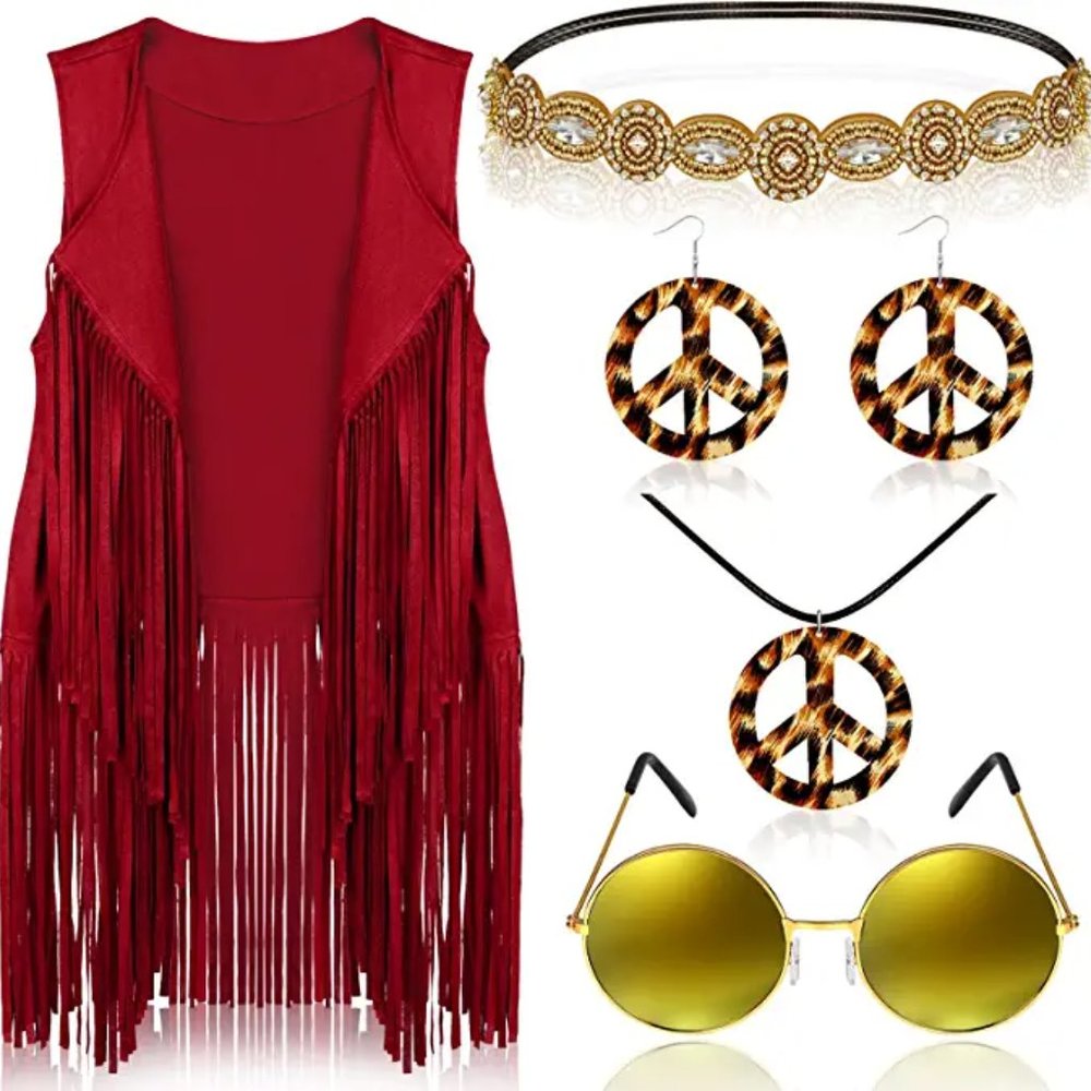 6 Pcs Hippie Costume for Women Peace Sign Earring Necklace Headband Fringe Vest